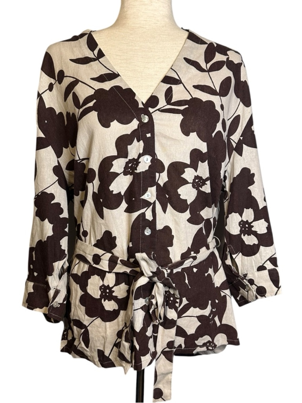 Sherry Taylor XL Floral Linen Blend Tunic Boho Lagenlook Artsy Cottage Coastal